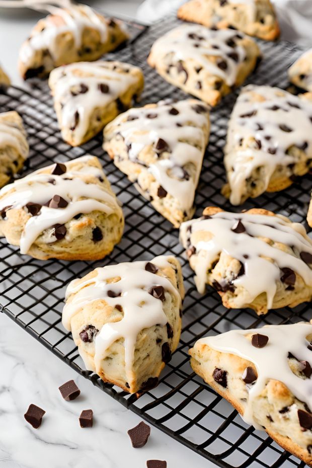 Delicious chocolate chip scones drizzled with white glaze, perfect for breakfast or tea time.