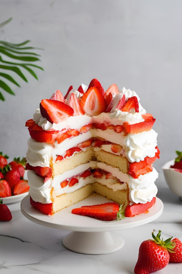Layered strawberry shortcake with whipped cream and fresh strawberries, perfect for summer celebrations.