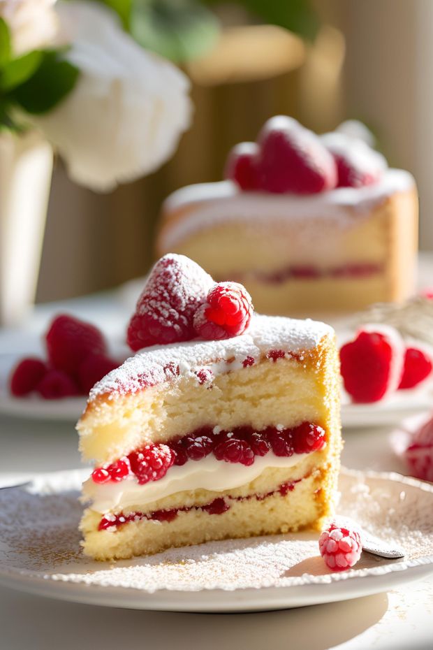 Classic Victoria Sponge Cake with raspberry filling and cream, topped with powdered sugar, perfect for any occasion.