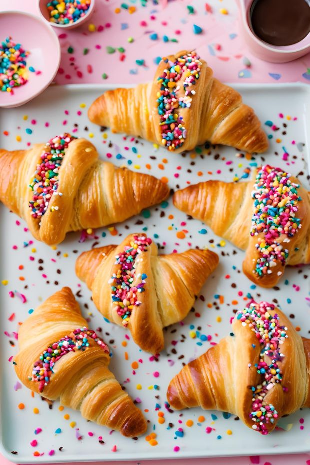 Golden croissants topped with chocolate drizzle and colorful sprinkles, perfect for festive snacks and gatherings.