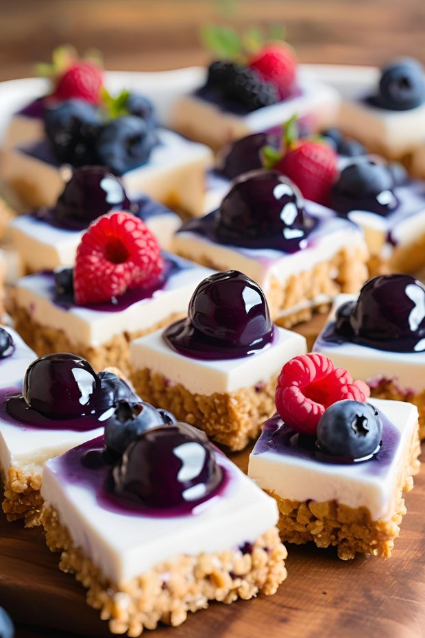 Delicious blueberry cheesecake bites featuring creamy filling and graham cracker crust topped with fresh berries.