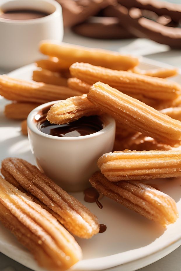 Golden crispy churros dusted with sugar accompanied by a rich chocolate dipping sauce, perfect for any occasion.