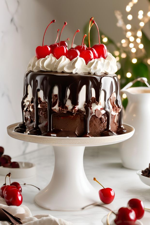 Decadent Black Forest Cake featuring chocolate layers, whipped cream, fresh cherries, and glossy chocolate glaze perfect for celebrations.