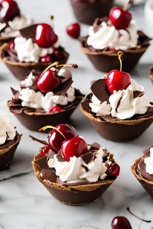 Black Forest pastry cups filled with chocolate mousse, whipped cream, topped with fresh cherries and chocolate shavings.