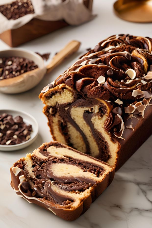 Rich chocolate babka loaf with swirls, sliced to show dense texture and decadent chocolate filling.