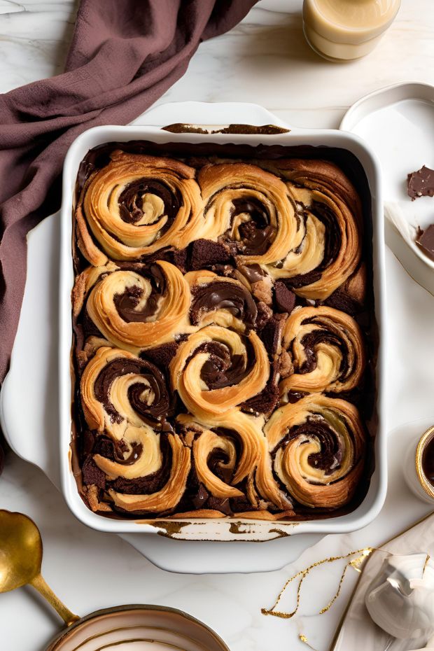 A scrumptious chocolate croissant bread pudding baked to golden perfection with rich chocolate swirls throughout.