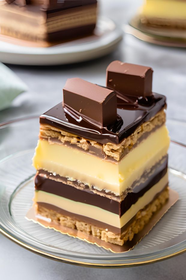 Layered Chocolate Éclair Cake with Vanilla Custard, Wafer Cookies, and Glossy Chocolate Glaze Slice.