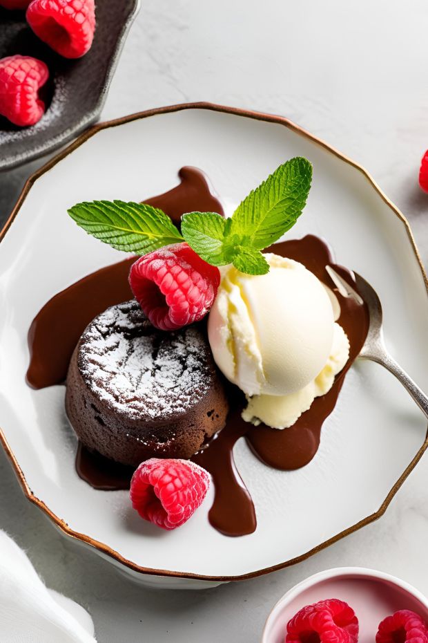 Rich chocolate lava cake with melted center, served with vanilla ice cream and fresh raspberries.