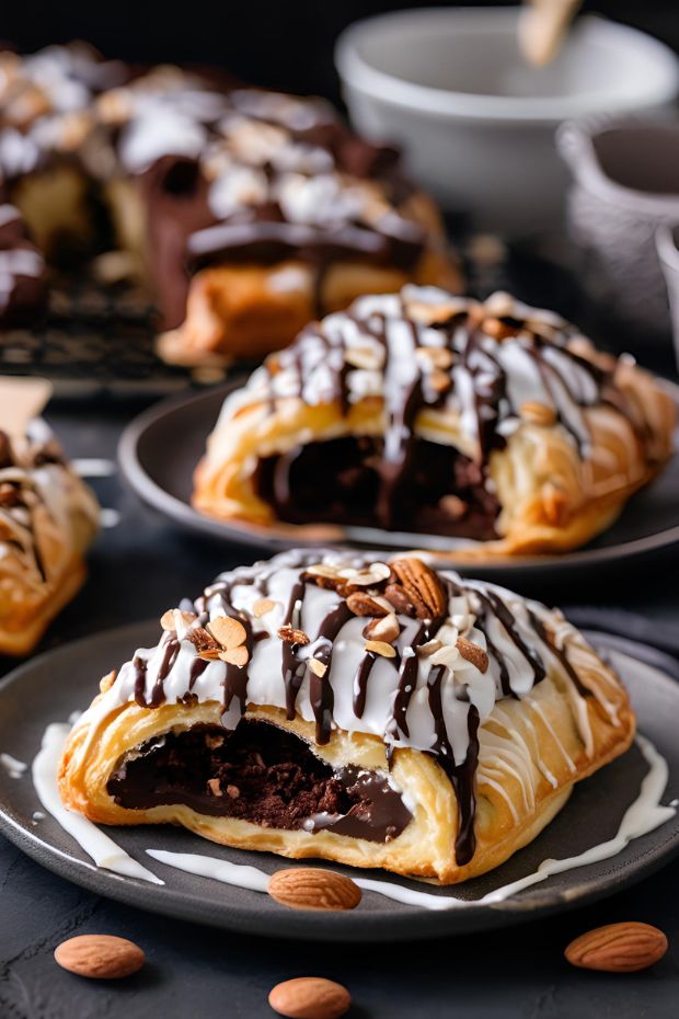 Decadent double chocolate danish with flaky pastry, rich filling, almond slices, and a white icing drizzle.