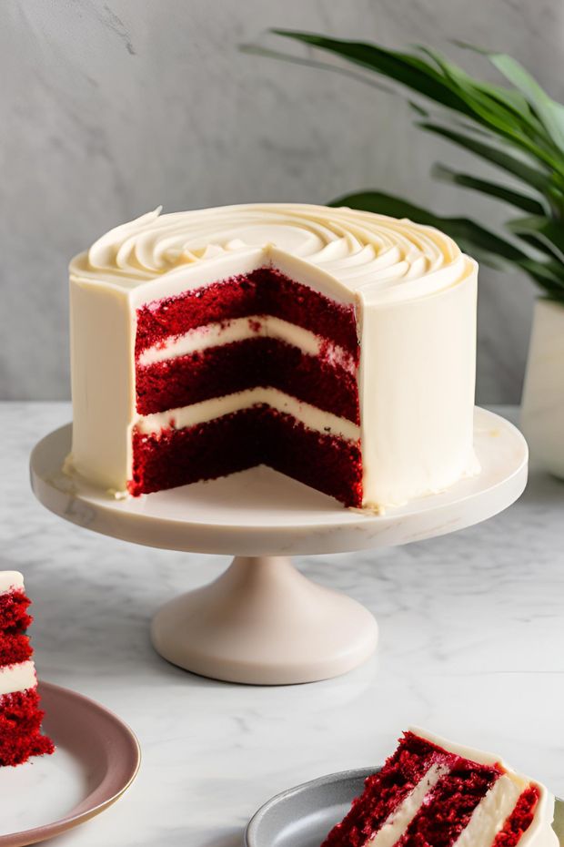 Luscious red velvet cake with creamy frosting, perfect for celebrations and special occasions, showcasing rich texture and vibrant color.