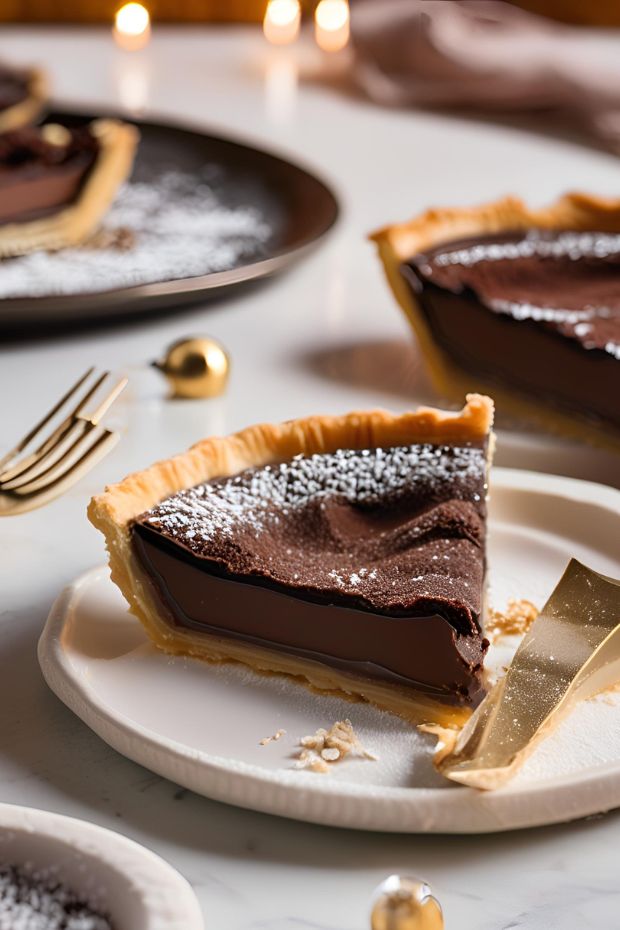 Rich chocolate tart with glossy ganache and flaky crust, elegantly sliced for a decadent dessert experience.