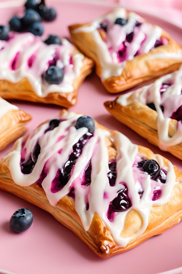 Homemade flaky danish pastries with blueberry and cream cheese filling, topped with white icing and fresh blueberries.