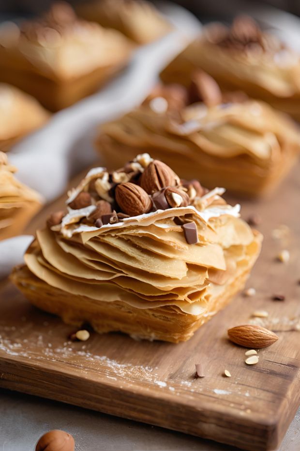 Delicious golden Pain Suisse pastry filled with chocolate and hazelnut, featuring flaky layers and topped with nuts.