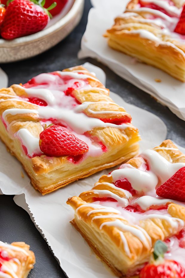 Flaky strawberry danish squares with juicy filling, white icing drizzle, and golden crust displayed beautifully.