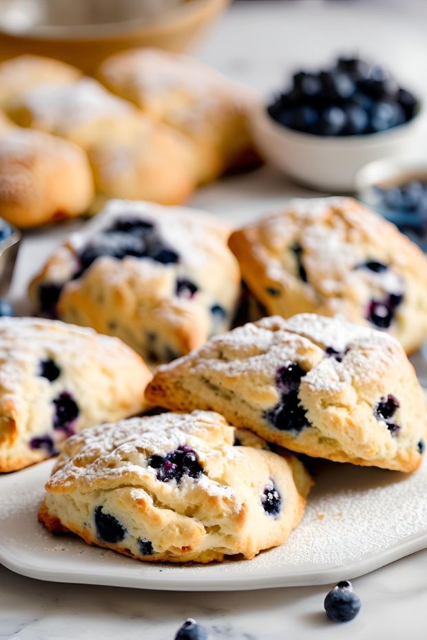 Fluffy blueberry scones with a golden crust, perfect for breakfast or tea time gatherings.