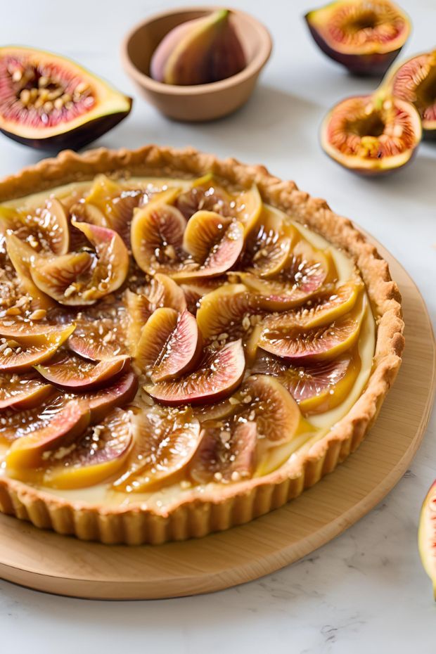 Golden fig and honey tart with flaky almond crust, garnished with sliced figs and drizzled honey.