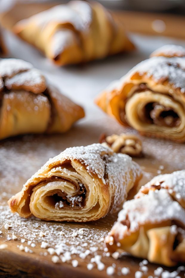 Golden Maple Walnut Rugelach with flaky pastry, sweet filling, and a white icing drizzle, perfect for any occasion.
