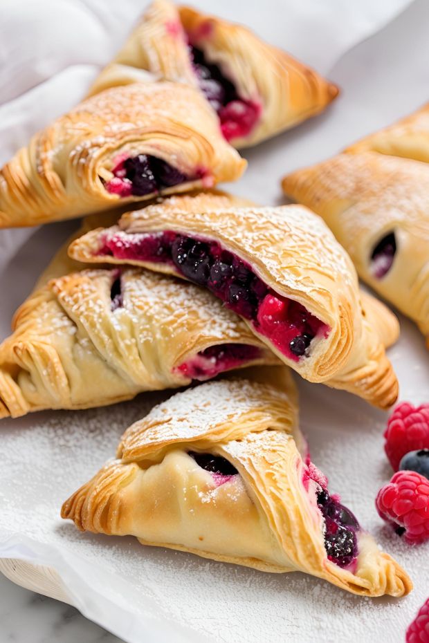 Golden mixed berry turnovers with flaky crust, juicy filling, and a dusting of powdered sugar make a delicious treat.