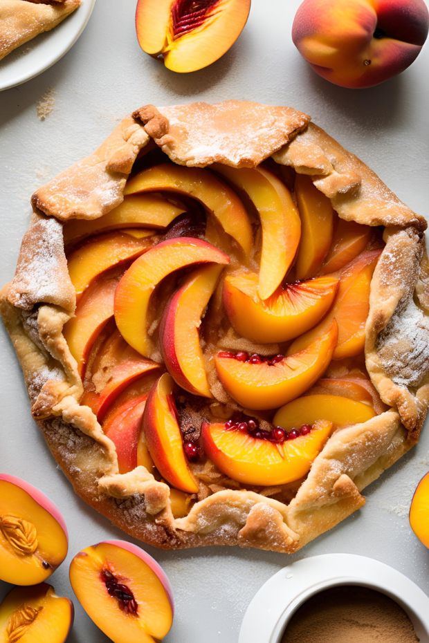 Golden peach galette featuring flaky crust, juicy peach filling, and cinnamon sugar topping, ideal for summer desserts.
