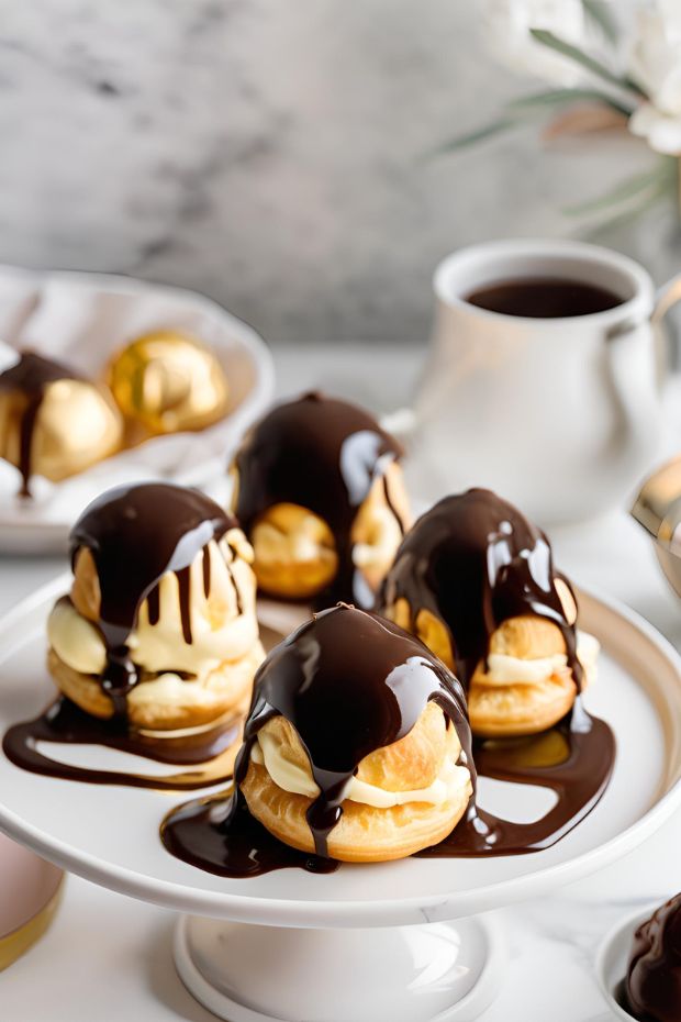 Golden profiteroles filled with creamy vanilla custard and topped with rich chocolate sauce, perfect for dessert lovers.