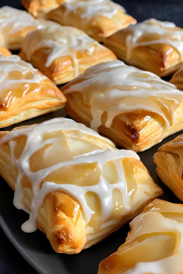 Homemade chausson aux pommes with flaky pastry and apple filling, topped with white icing drizzle.