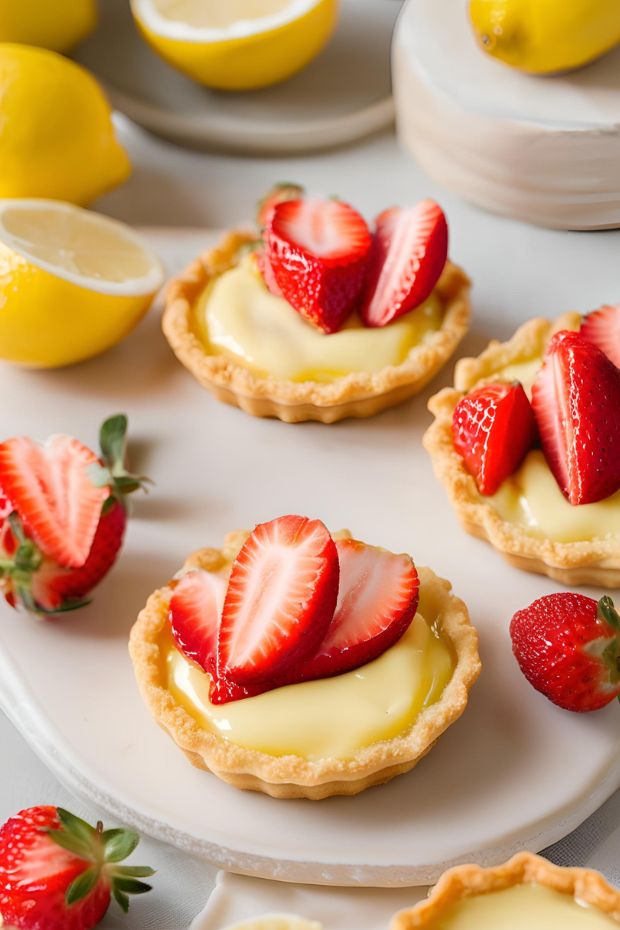 Lemon curd tartlets topped with fresh strawberry slices, showcasing a creamy filling and a golden pastry crust.