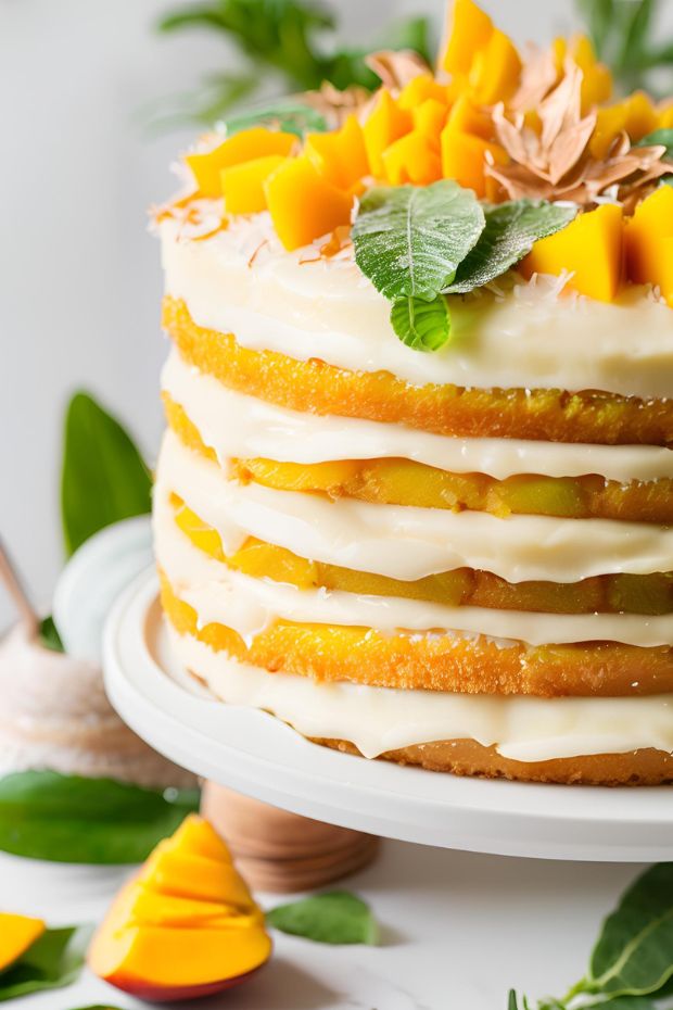 Vibrant mango and coconut layer cake adorned with creamy frosting, fresh mango slices, and mint leaves.
