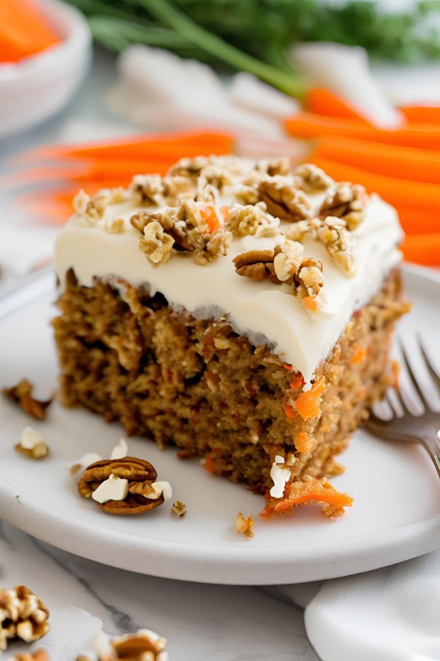 Moist carrot cake slice topped with cream cheese frosting, walnuts, and shredded carrots, perfect for any occasion.
