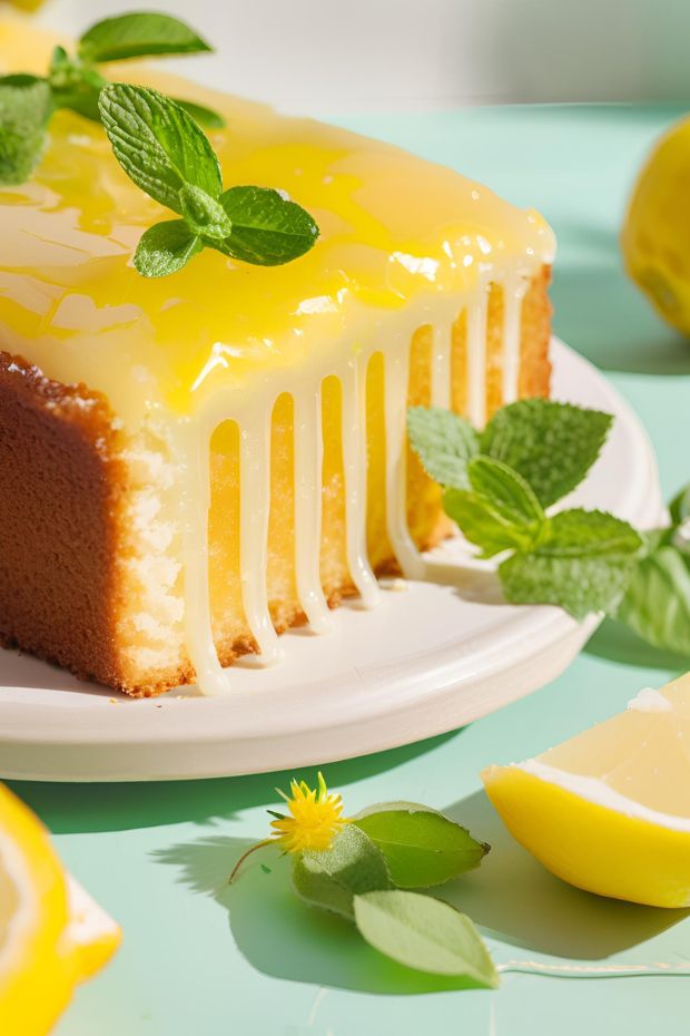 Moist lemon drizzle cake with zesty glaze, featuring a fluffy texture and tangy flavor, perfect for any occasion.