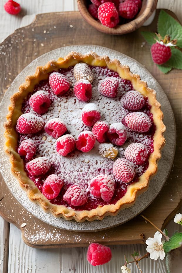 A beautifully presented raspberry almond tart topped with fresh berries and powdered sugar on a wooden board.