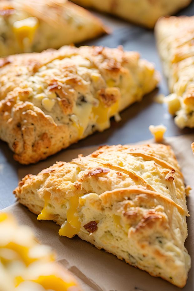 Golden bacon and cheddar scones with flaky texture, perfect for breakfast or brunch gatherings, a savory treat.