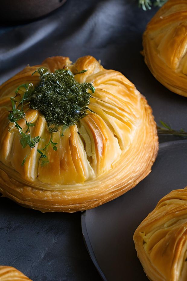 Golden pithivier pastry filled with savory cheese and herbs, showcasing a rich and flaky texture.