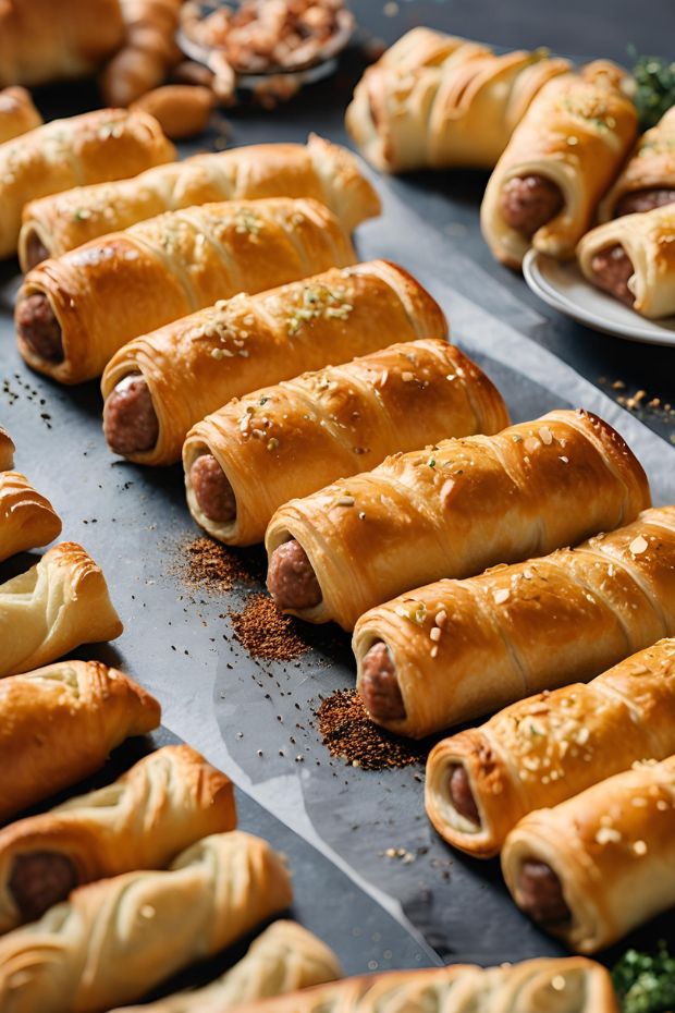 Golden-brown sausage rolls with flaky pastry and seasoning, perfect for snacks and gatherings.