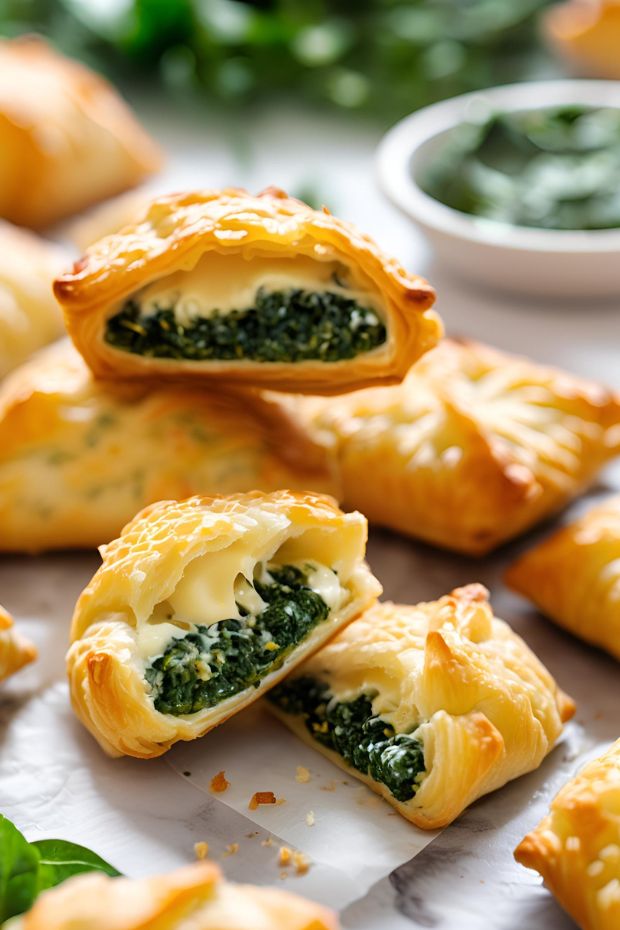 Crispy golden cheese and spinach puffs, flaky pastry with savory filling, perfect for appetizers or snacks.