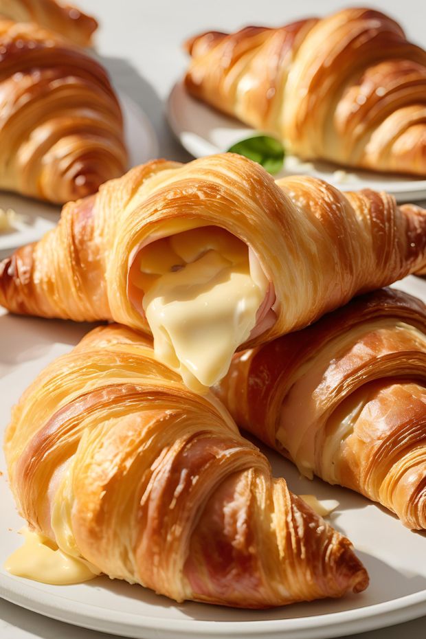 Recipe for flaky ham and cheese croissants with layers of savory deli meat and melted cheese, perfect for breakfast.
