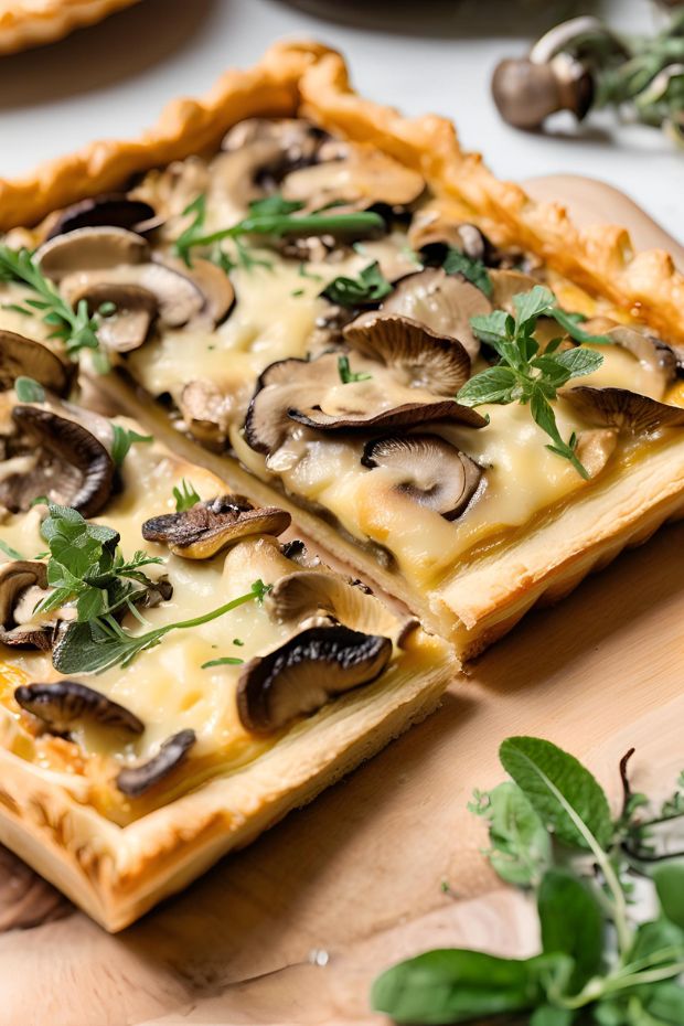 Savory mushroom and Gruyère tart slice showing flaky crust, creamy filling, melted cheese, and fresh herbs.