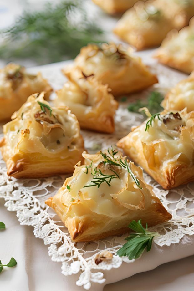 Savory onion and Gruyère pastry bites with a golden crust and rich filling, perfect appetizer for any occasion.