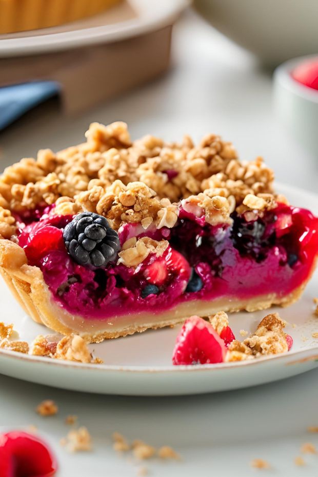 Berry crumble tart slice with raspberries, blackberries, blueberries, and golden oat crumble, perfect dessert recipe.