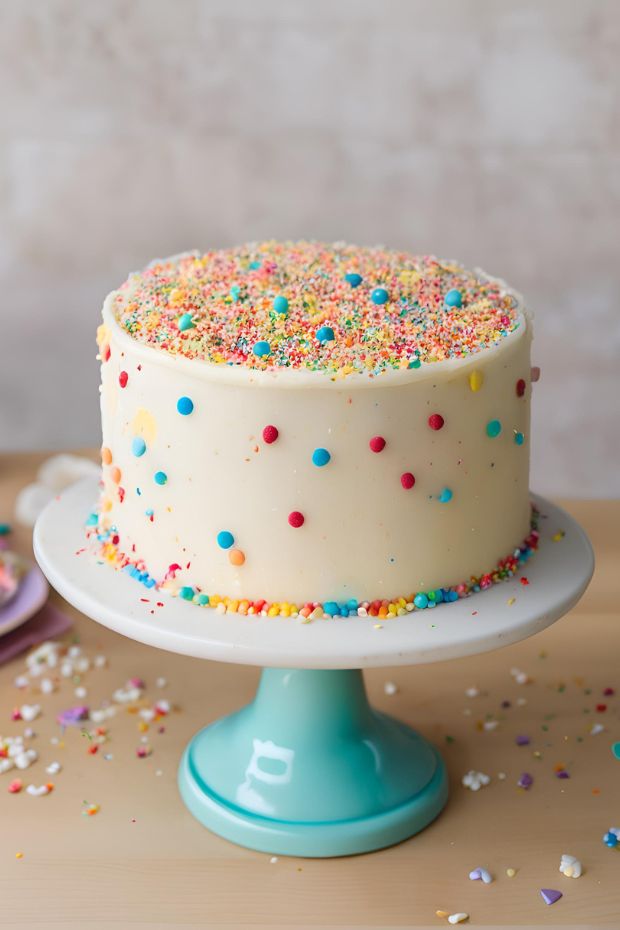 Vibrant Funfetti birthday cake with colorful sprinkles and creamy white frosting perfect for celebrations.