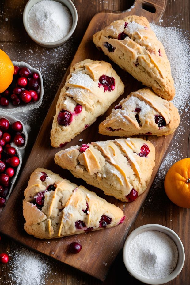 Cranberry orange scones topped with powdered sugar, featuring fresh cranberries and oranges, perfectly baked for any occasion.