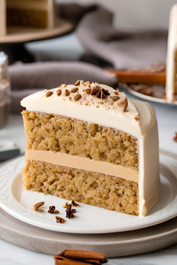 A slice of chai latte cake adorned with spiced frosting, almonds, and a star anise, perfect for tea gatherings.