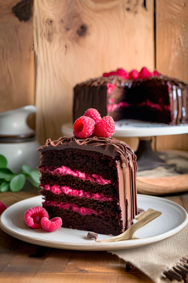 Decadent chocolate raspberry cake with layers of chocolate cake, raspberry filling, and glossy ganache, garnished with fresh raspberries.