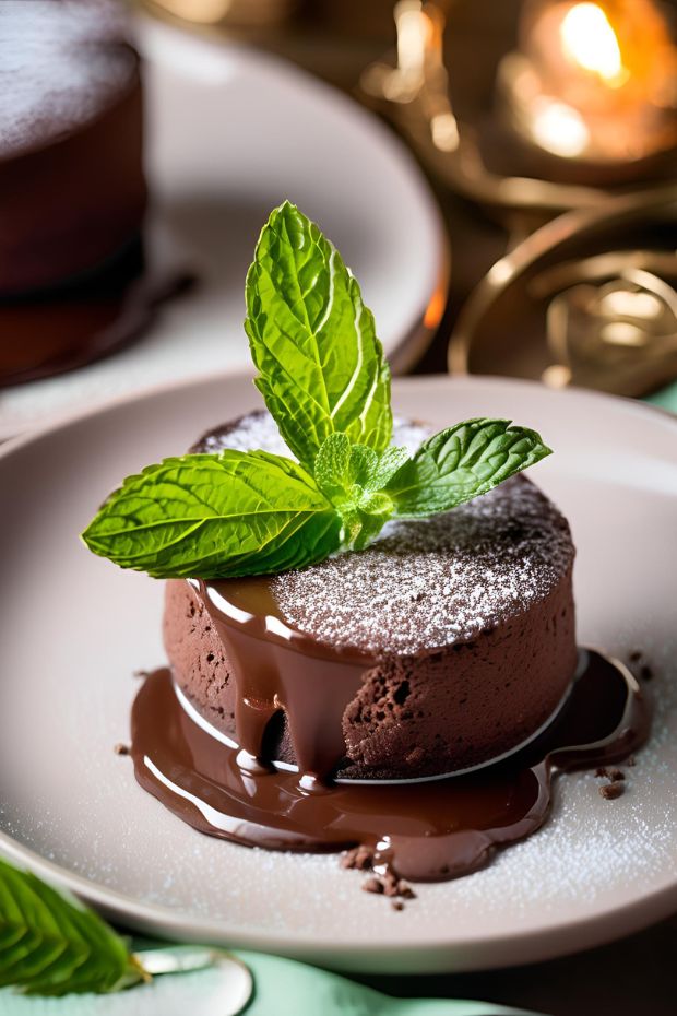 Decadent chocolate soufflé with gooey center, garnished with mint leaves, on an elegant plate with powdered sugar.