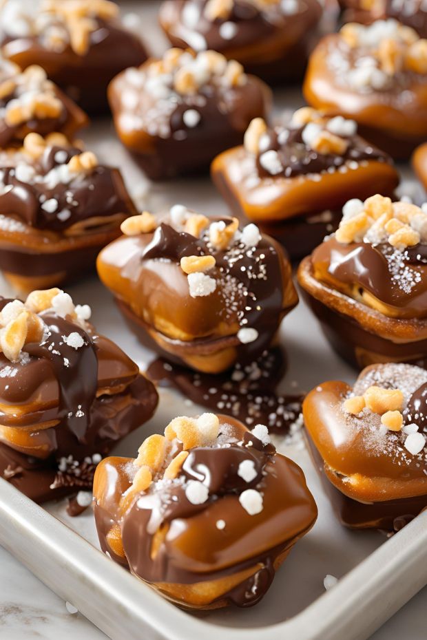 Decadent chocolate-stuffed pretzel bites topped with caramel, sea salt, and crushed nuts on a white tray.