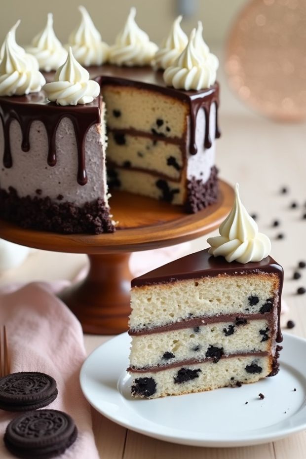 Decadent Oreo Cookies & Cream Cake with layers of vanilla sponge, chocolate ganache, and whipped cream swirls.