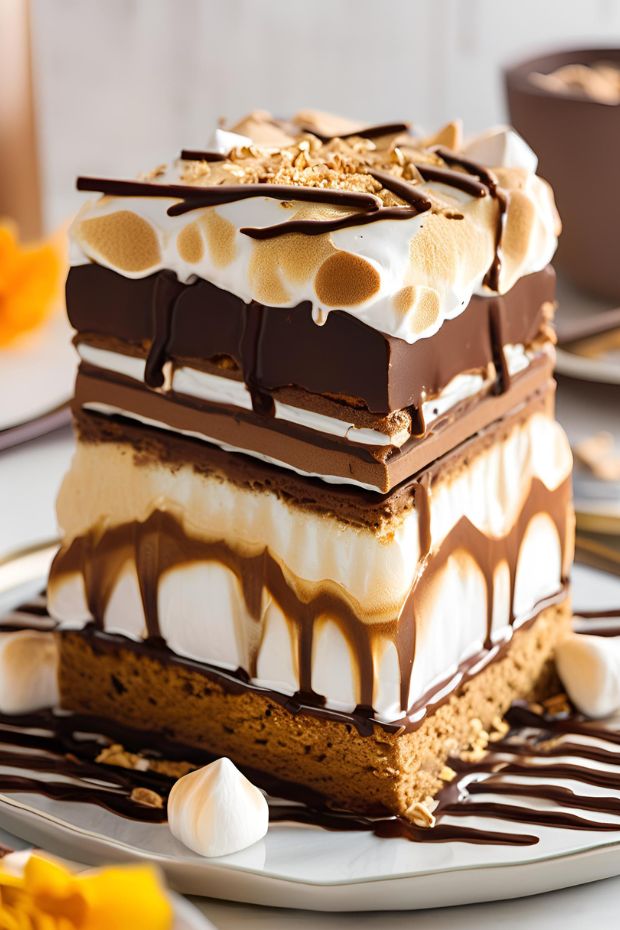 Decadent s'mores cake with graham cracker crust, layers of marshmallows, and rich chocolate drizzle, ideal for dessert.