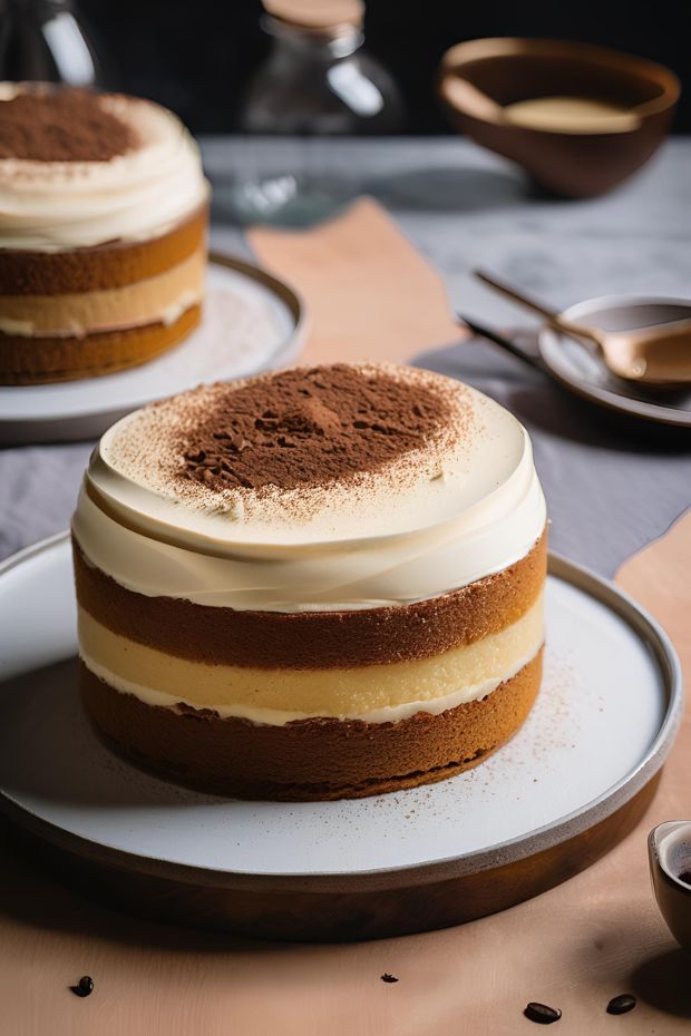 Decadent tiramisu cake with mascarpone layers, coffee-soaked ladyfingers, and cocoa powder dusting, perfect for special occasions.