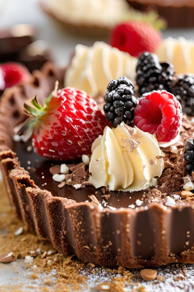 Decadent triple chocolate tart topped with strawberries, blackberries, raspberries, whipped cream, and chocolate shavings