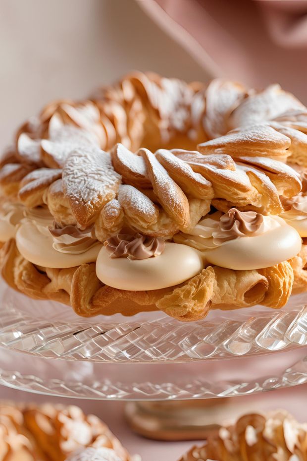 A stunning Paris-Brest pastry with airy choux dough, creamy praline filling, and dusted powdered sugar ready to be enjoyed.