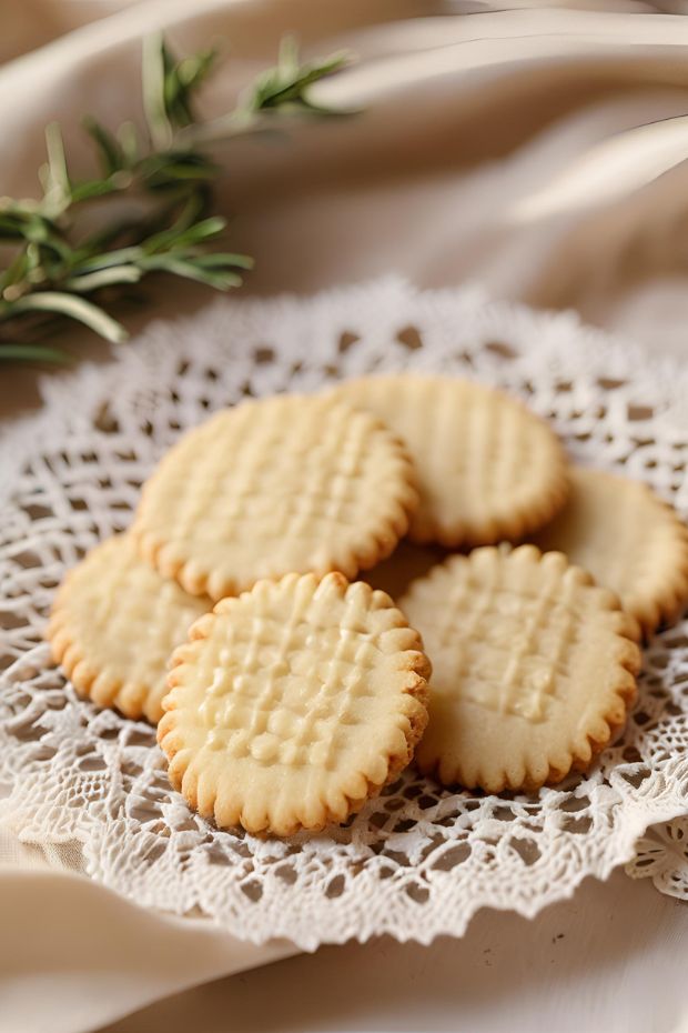 Buttery and crisp Sablés Breton cookies, arranged on a lace doily with fresh rosemary for a rustic touch.